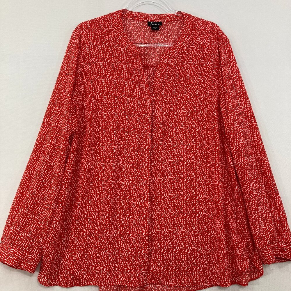 Simply Emma size 2X Red White Split‎ Neck Long Sleeve Button Down Office Career